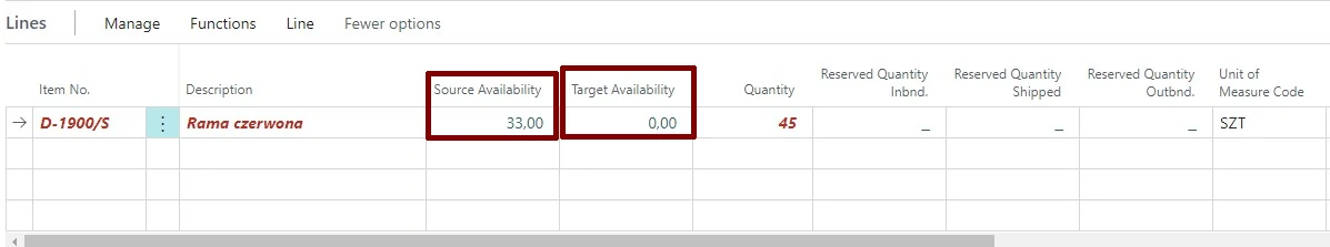 Transfer Order lines in Business Central with Source Availability and Target Availability columns highlighted