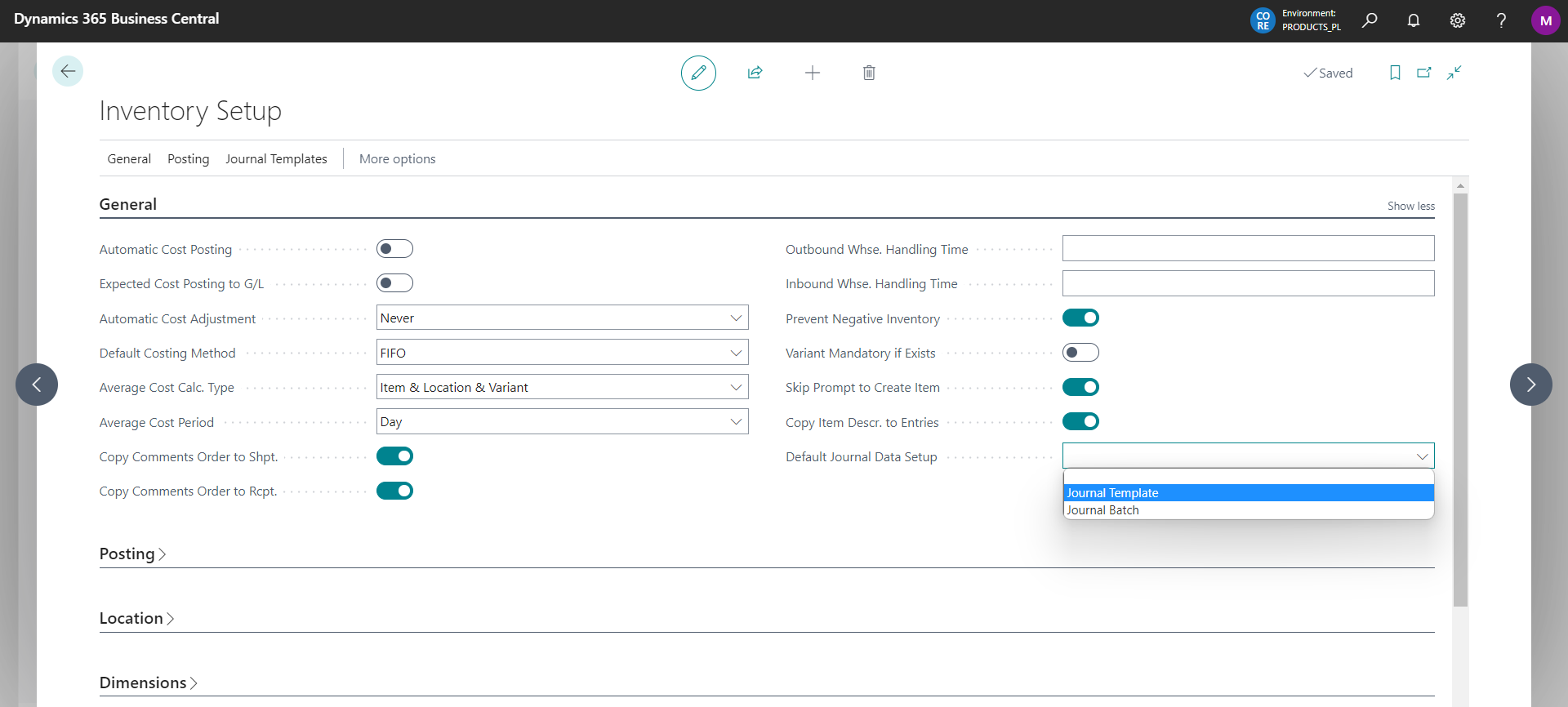 Inventory Setup page with the default journal data setup selection