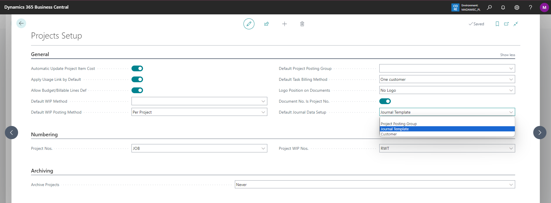 Projects Setup page with the default journal data setup selection