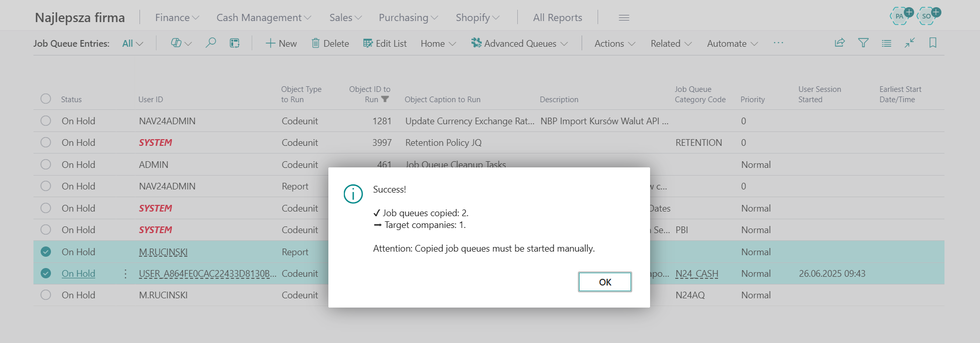 Message indicating successfully copied job queues.