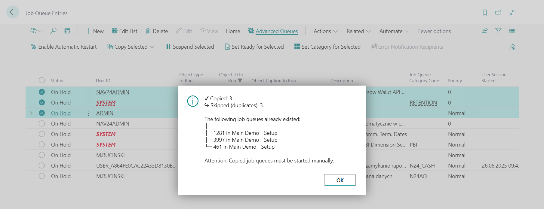 Message indicating successfully copied queues and those skipped because they already exist in the target companies.
