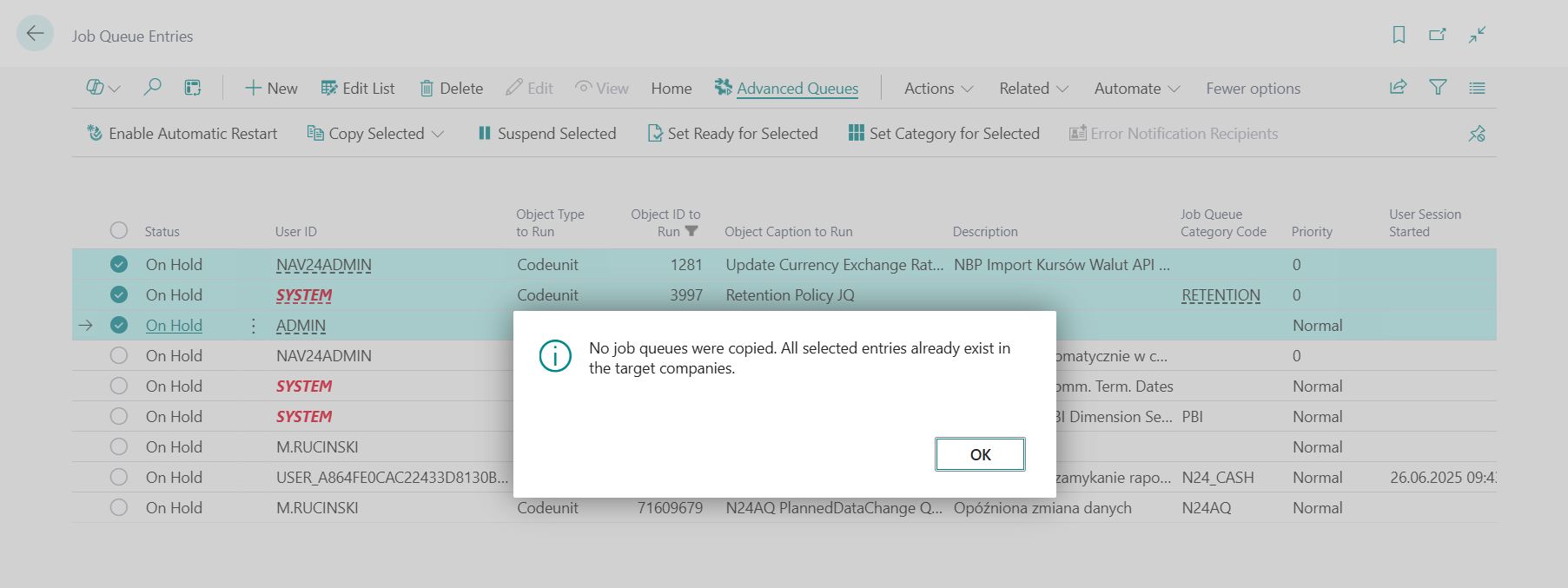 Message indicating that no order queues were copied because identical orders already exist in the target companies.