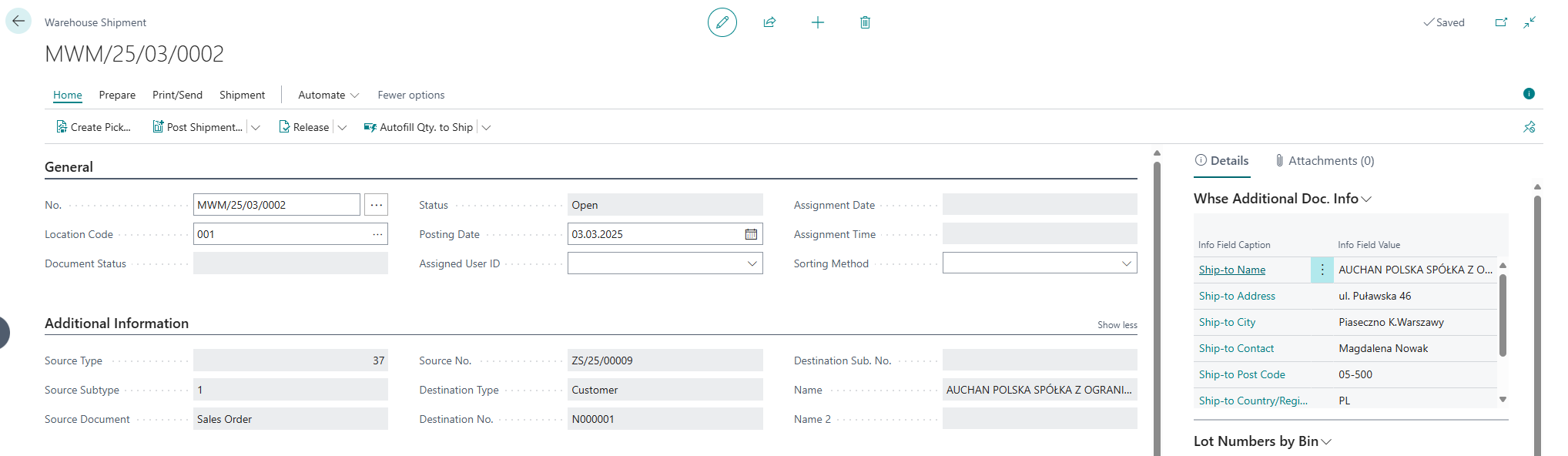 Additional Whse. Info Example