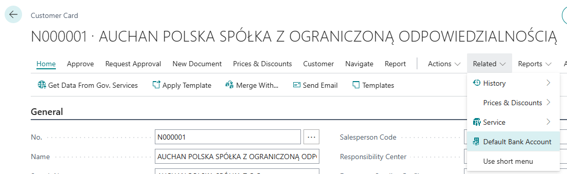 Default Customer Bank Account