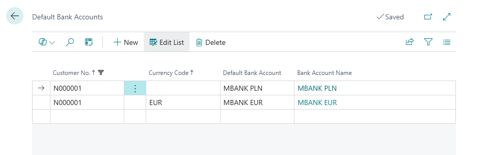 Default Customer Bank Account Preview