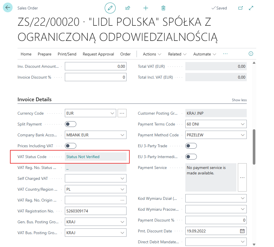 Sales Order - VAT Status Code