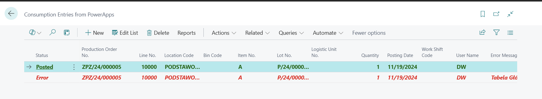 ShopFloor Consumption Entry