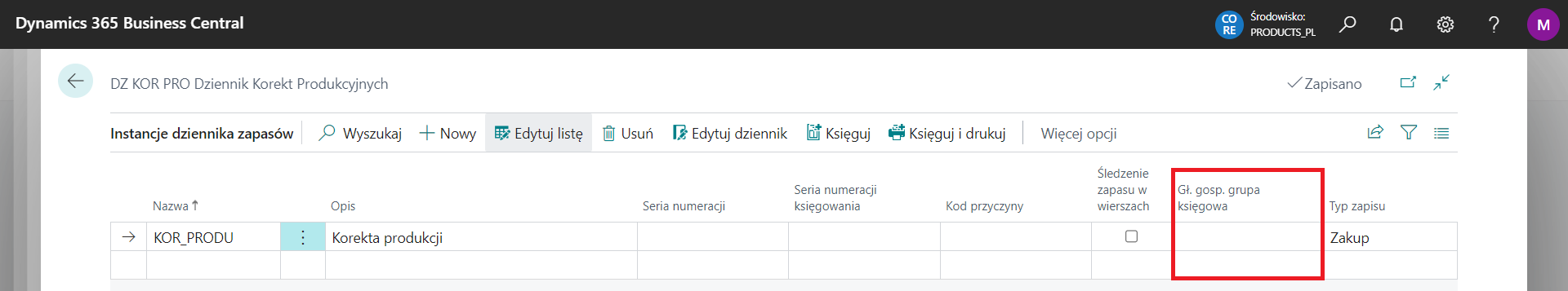 Instancje dziennika zapasów z wartością domyślną