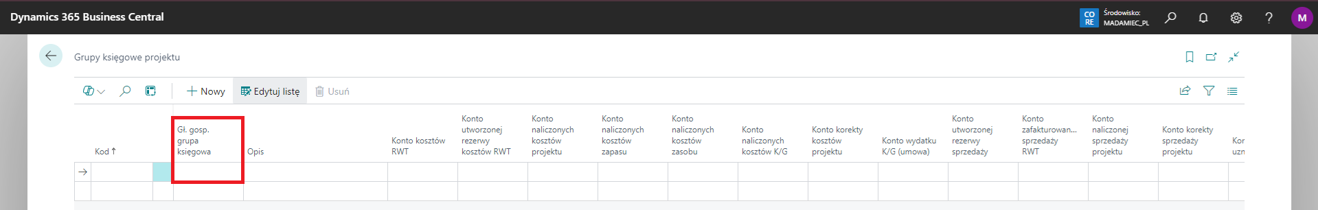Grupy księgowe projektów z wartościami domyślnymi