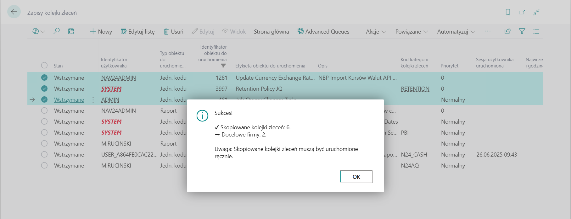 Komunikat informujący o udanych skopiowanych kolejkach zleceń.