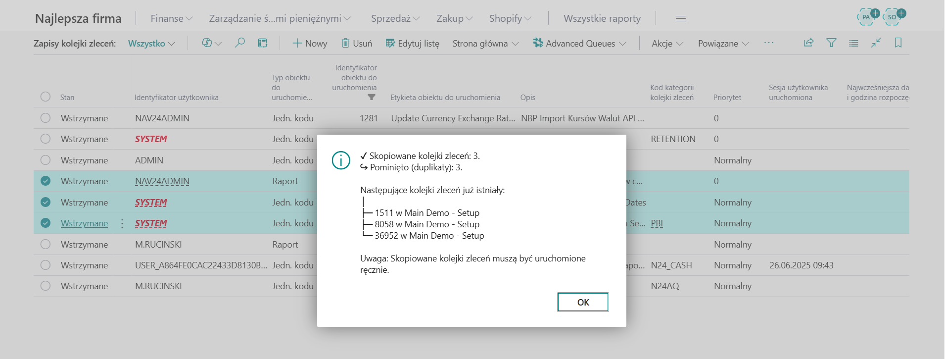 Komunikat informujący o udanych skopiowanych kolejkach oraz pominiętych, istniejących w docelowych firmach.