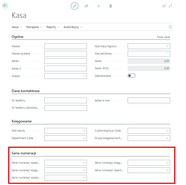 Kartoteka kasy z sekcją serii numeracji