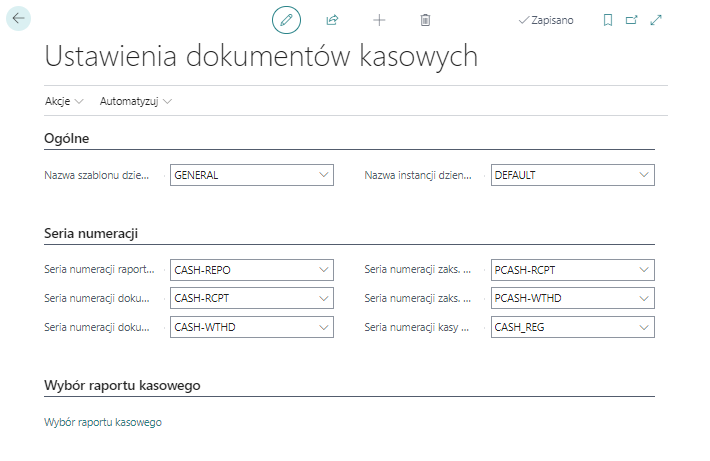 Strona ustawień dokumentów kasowych z sekcjami konfiguracji