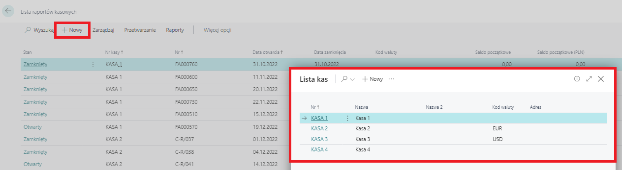 Lista kas z możliwością wyboru kasy dla nowego dokumentu