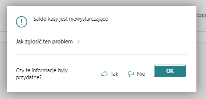 Komunikat o niewystarczającym saldzie kasy