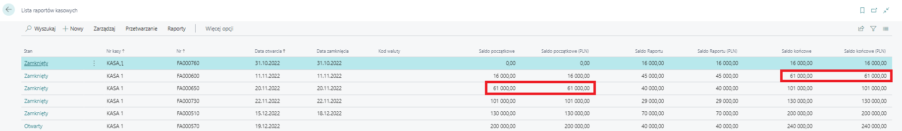 Lista raportów kasowych z saldami otwarcia i zamknięcia