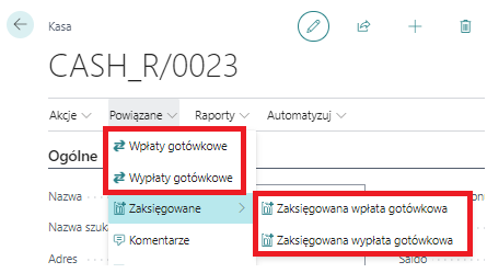 Kartoteka kasy z menu dokumentów kasowych