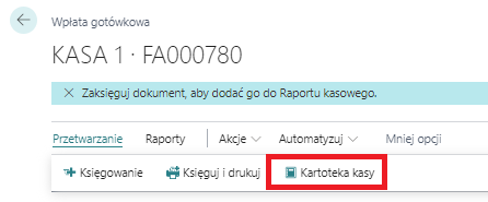 Karta dokumentu kasowego z akcją otwierającą kartotekę kasy