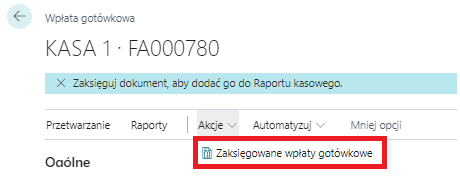 Akcja dokumentu kasowego otwierająca listę zaksięgowanych dokumentów