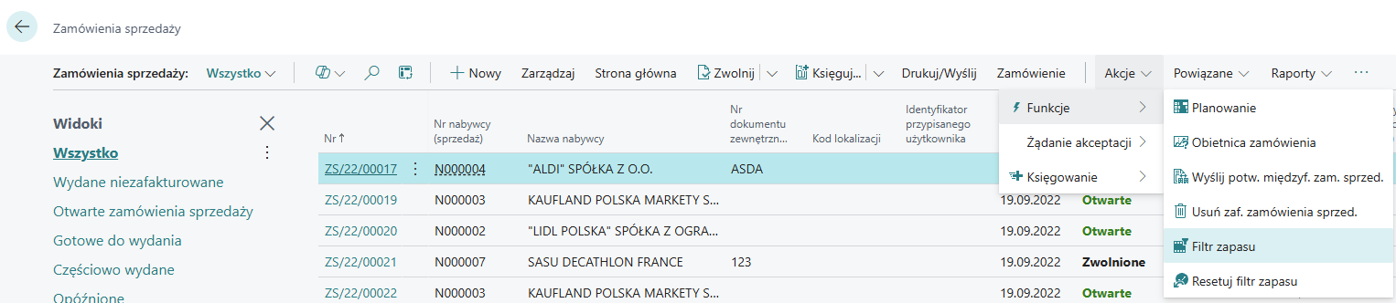 Filtruj po zapasie – wstążka