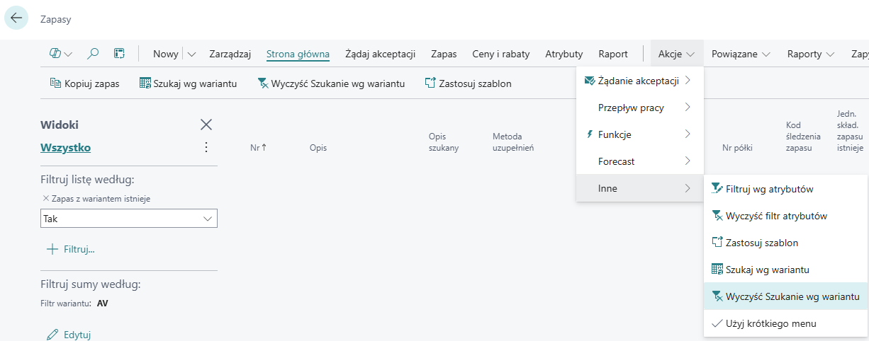 Wyczyść wyszukiwanie wg wariantu – wstążka